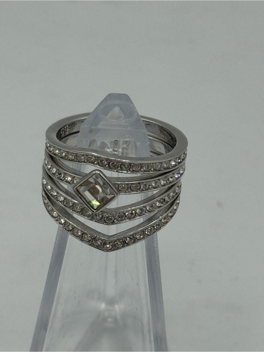 Swarovski Silver-Tone Layered Stacking Ring with Square Clear Crystal